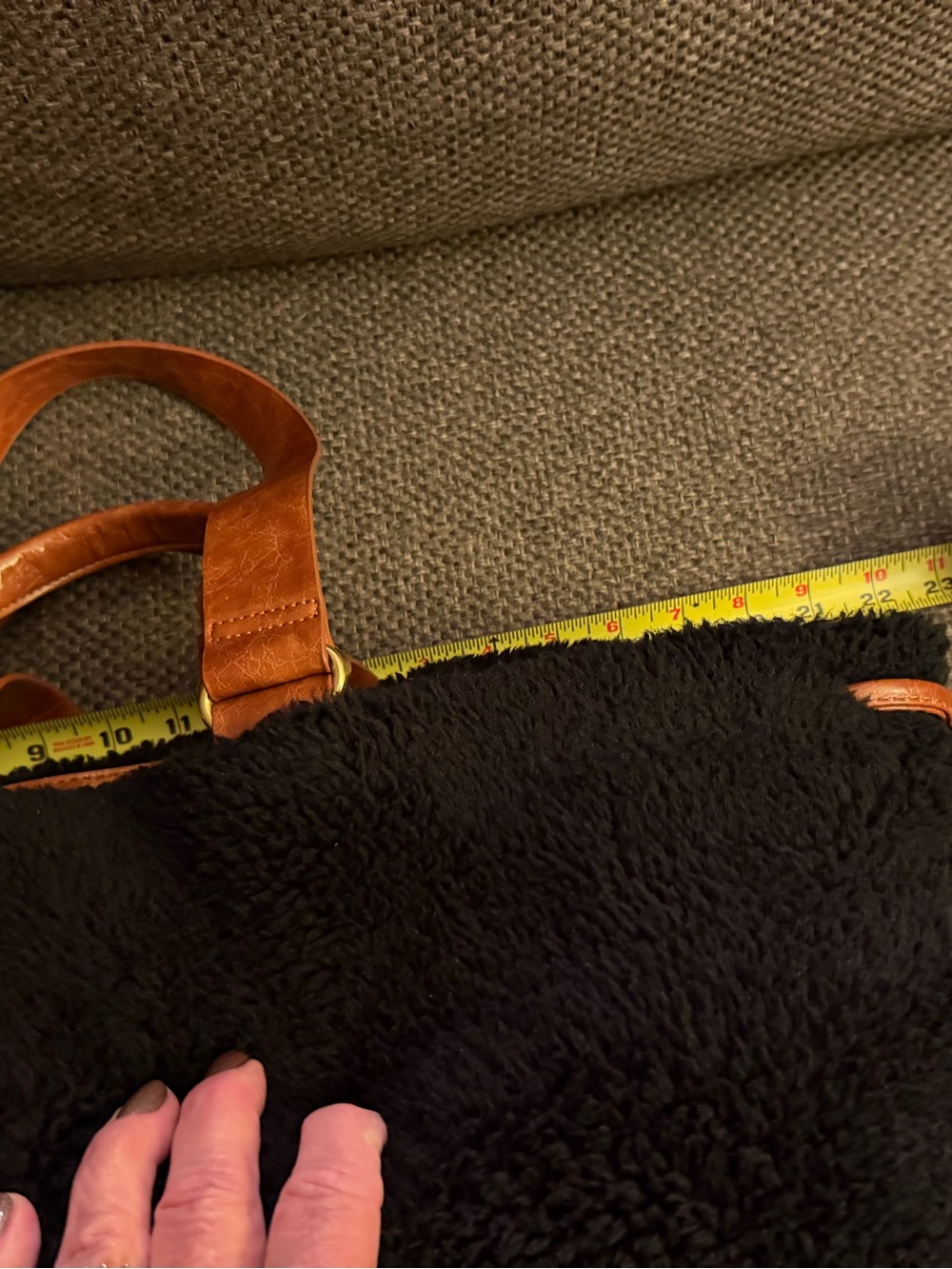 Black Sherpa Tote Bag with Brown faux Leather Straps - Picture 4 of 9